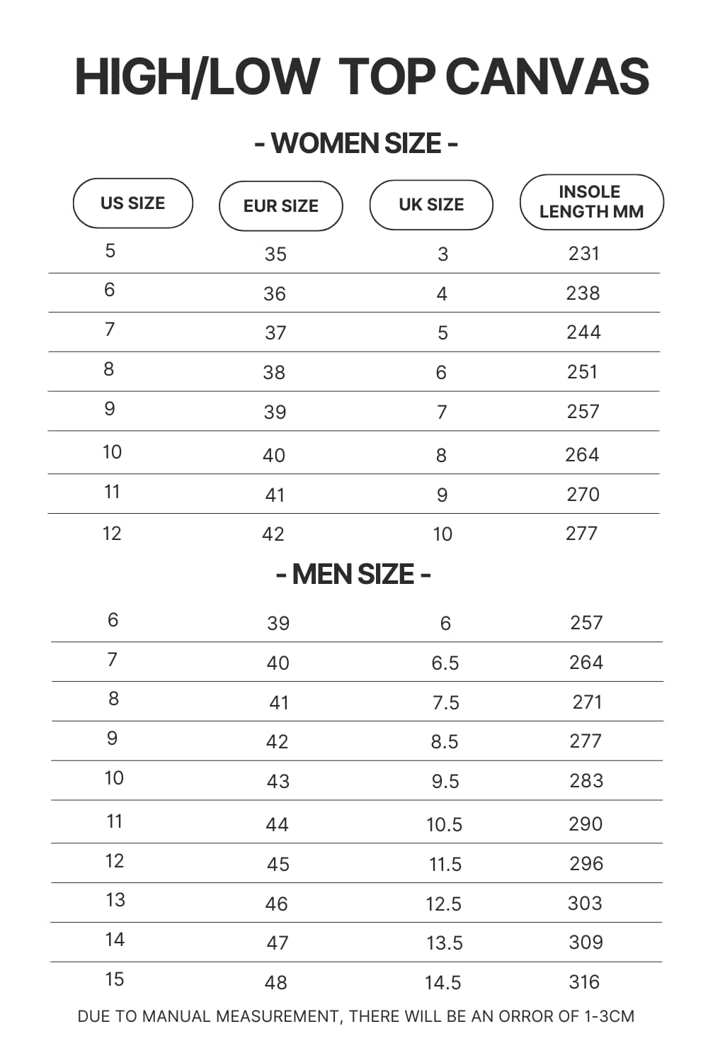 Product size chart